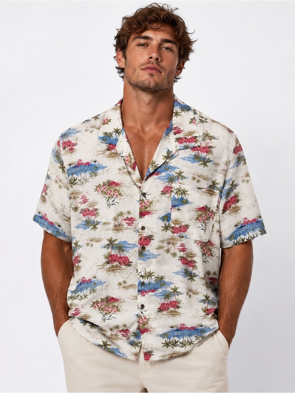 Men's XL Linen Blend Tropical Hawaiian Camp Shirt Beach Vacation Resort NWT